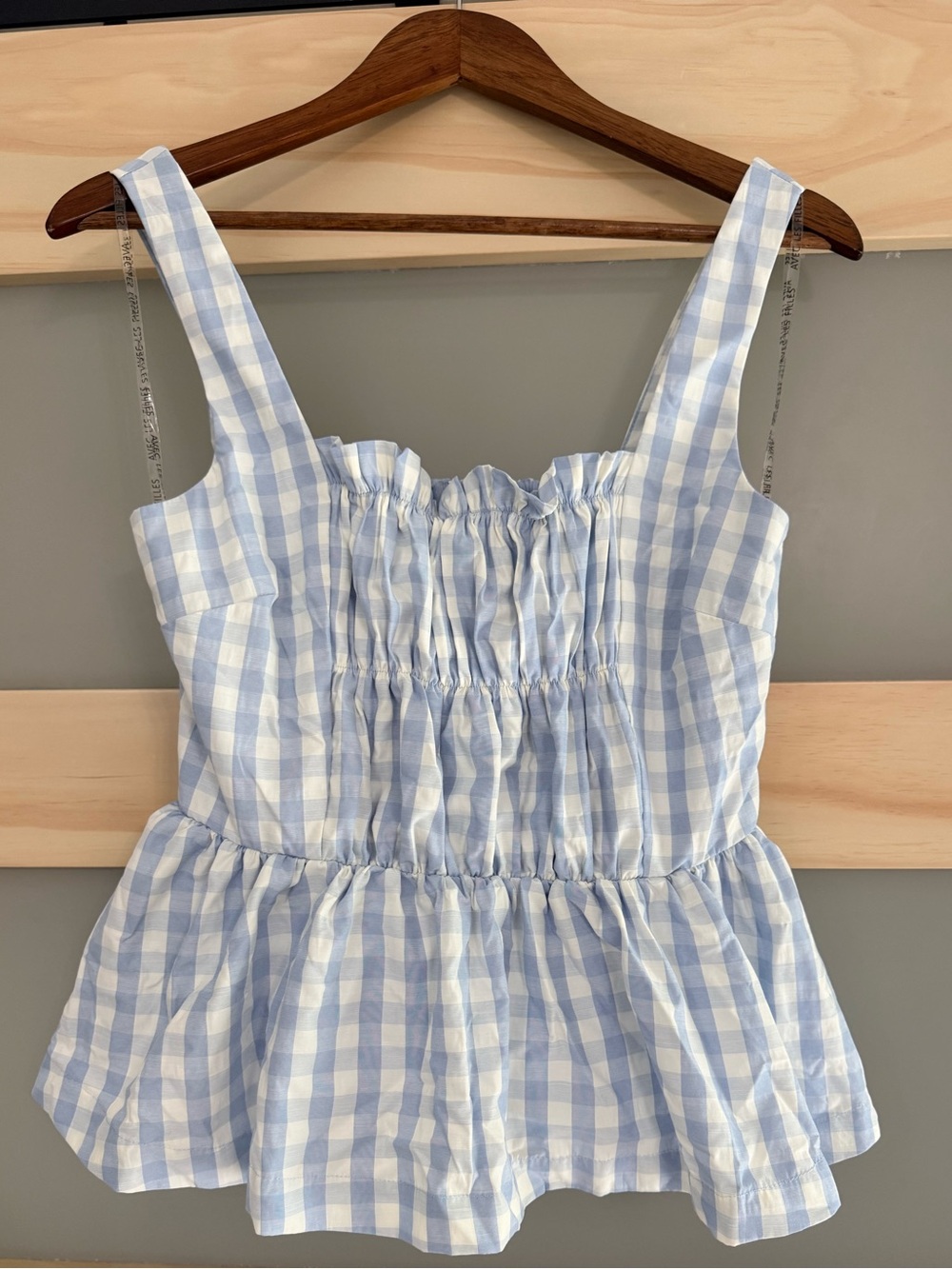Avec Les Filles Blue White Gingham Smocked Peplum Tank Top Small